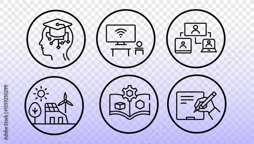 Future school icon collection. Modern education technology innovative learning symbols. E-learning distance learning sustainability engineering writing. Minimalist line art black background vector