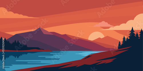 shore reservoir sunset realistic vector