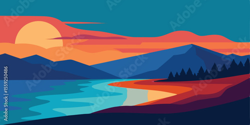 shore reservoir sunset realistic vector