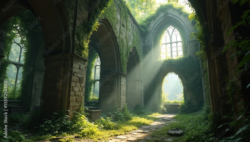 Fototapeta premium Sunlight streams through abandoned chapel ruins. Overgrown walls, arches with green plants. Historic building in forest. Serene, mystical, tranquil, mysterious atmosphere. Natural beauty, exploration