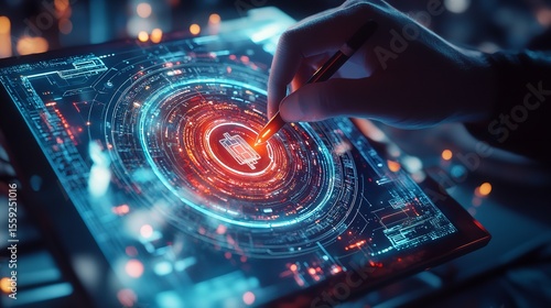 A hand touches a glowing, circular interface, surrounded by intricate patterns of light, suggesting a blend of technology and interaction.