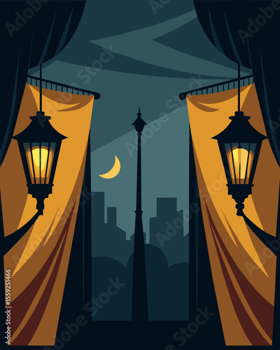 The worn velvet curtains swayed in the faint breeze casting haunting silhouettes against the glowing gaslights.. Vector illustration