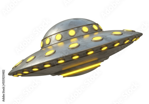Isolated Metallic UFO with Yellow Lights Close-up