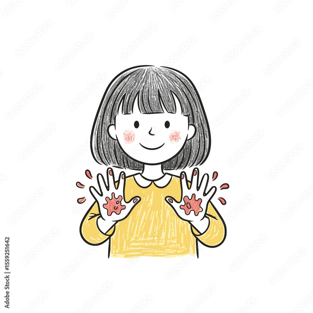 The girl smiles and shows dirty hands The girl smiles and shows dirty hands