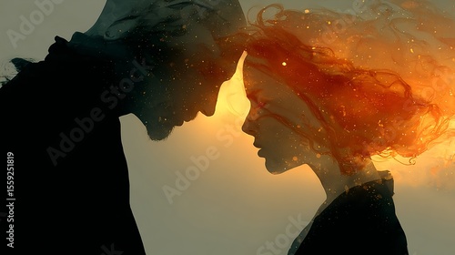 Surreal couple silhouette with glowing energy connection