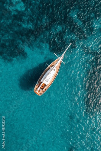 Sailing Alone on Crystal Clear Waters Near a Rocky Coastline in a Tropical Pa...