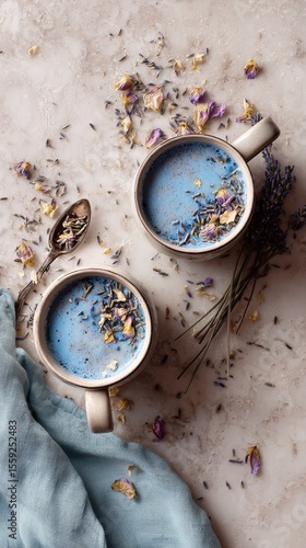 Two Cups of Lavender Blue Latte With Dried Flowers and a Spoon on a Marble Su...