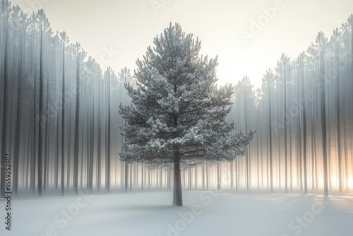 Wallpaper Mural A solitary snow-covered pine tree stands prominently amidst a misty forest, basking in the gentle light of a winter sunrise. Torontodigital.ca