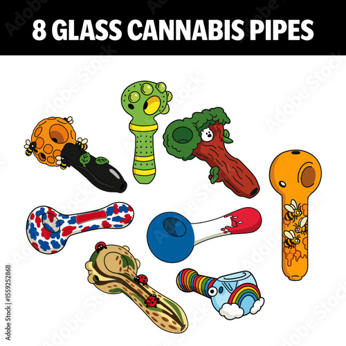Cartoon Set of 8 Glass Cannabis Pipes Vector Illustration – Creative Smoking Pipe Collection
