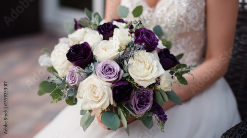 Elegant Bridal Bouquet Featuring Purple and White Roses in a Serene Outdoor S...