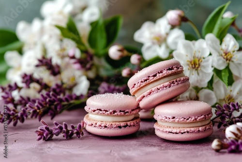 Delightful Pink Macarons With Flowers and Lavender on a Textured Surface