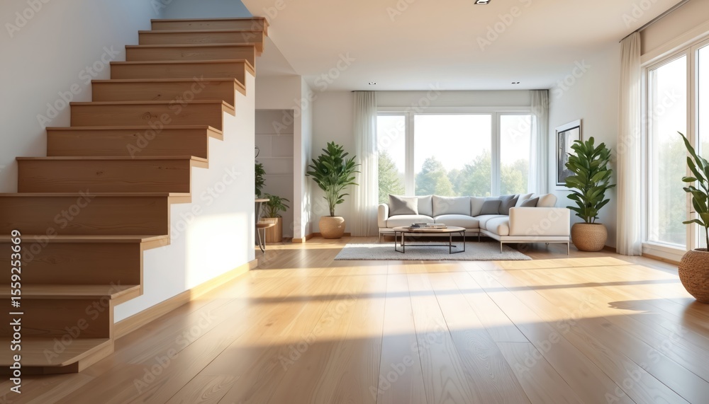 Fototapeta premium Modern apartment interior. Wooden stairs, laminate flooring in living room. White walls, large windows with sunlight, sofa, green plants. Minimalist design. Bright, spacious, comfortable property.