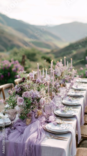 Elegant Floral Table Setup With Candles for Outdoor Evening Wedding Celebrati...