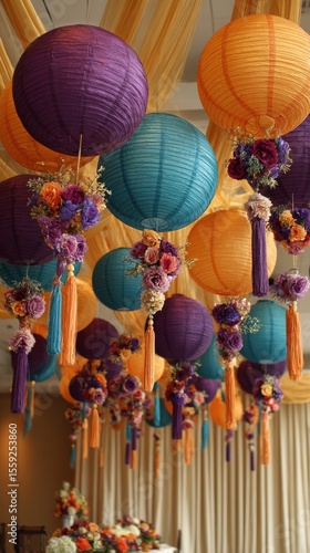 Colorful Paper Lanterns Hanging at a Festive Celebration in a Decorated Venue