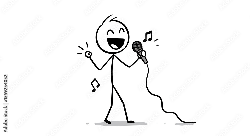 Obraz premium Stick figure singing karaoke with microphone vector illustration drawing simple line art design on transparent background