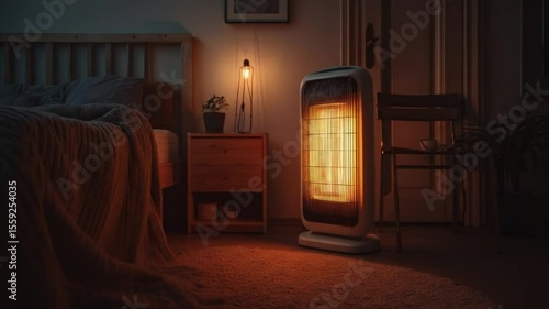 A warm glow emanates from a space heater in a dimly lit bedroom with a bed and wooden furniture near by