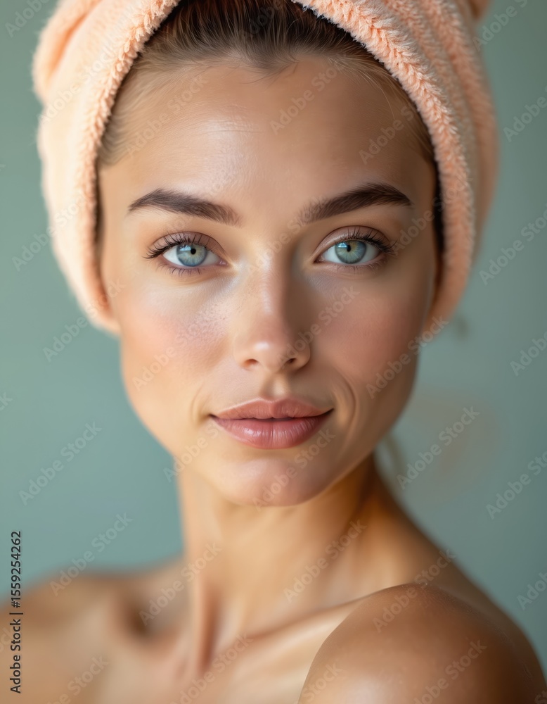 Beautiful model portrait wrapped in towel after spa treatment. Clean skin natural makeup, healthy skin. Blue eyes look directly to camera, spa wellness, beauty studio business. Beautiful model portrait wrapped in towel after spa treatment. Clean skin natural makeup, healthy skin. Blue eyes look directly to camera, spa wellness, beauty studio business.