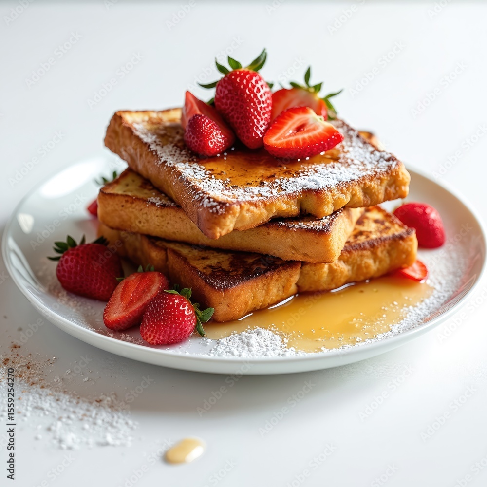 Golden-brown french toast topped with vibrant strawberries and drizzled with maple syrup. Delicious breakfast or brunch food with powdered sugar. Fresh tasty homemade treat. Golden-brown french toast topped with vibrant strawberries and drizzled with maple syrup. Delicious breakfast or brunch food with powdered sugar. Fresh tasty homemade treat.