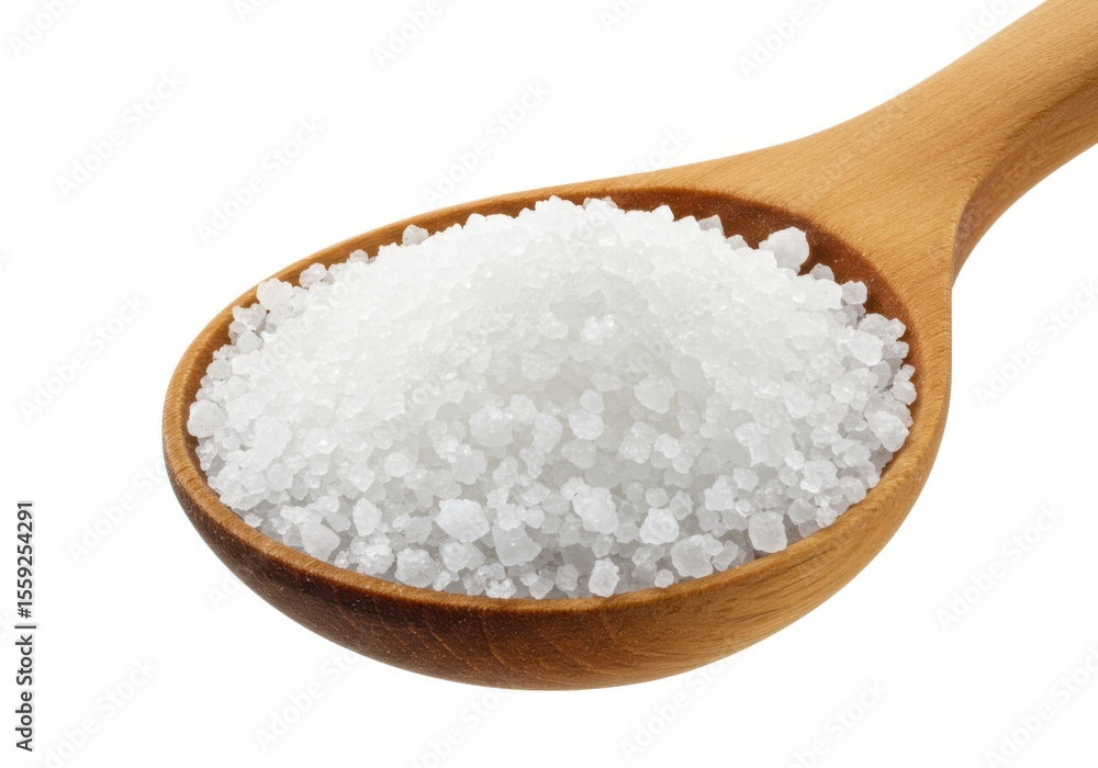 A wooden spoon filled with coarse sea salt crystals isolated on white background A wooden spoon filled with coarse sea salt crystals isolated on white background