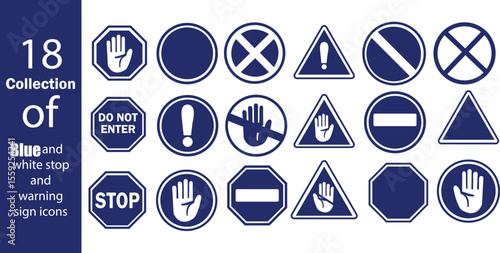 Blue STOP icon set. Containing warning, prohibition, stop, hand, danger, no entry, alert, road, barrier sign. Flat vector illustration.