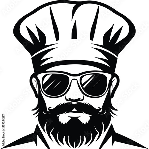 Black and white showcases a chef wearing sunglasses and a tall, distinctive hat