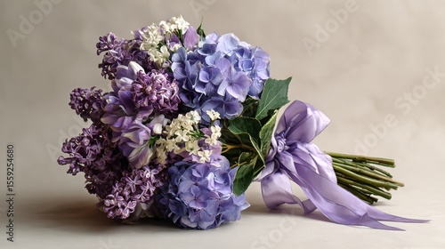 Beautiful Bouquet of Purple Flowers Showcasing Hydrangeas and Lilacs Arranged...