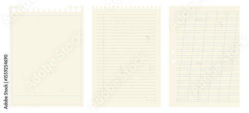 Blanks with grunge realistic texture. Ripped notebook paper sheets, lined pages from old notepad.