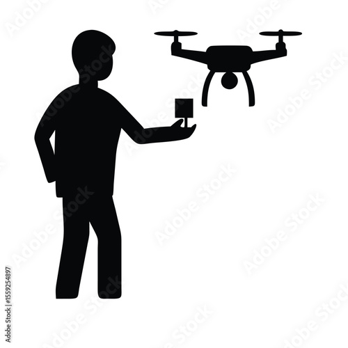 man flying drone silhouette on white background