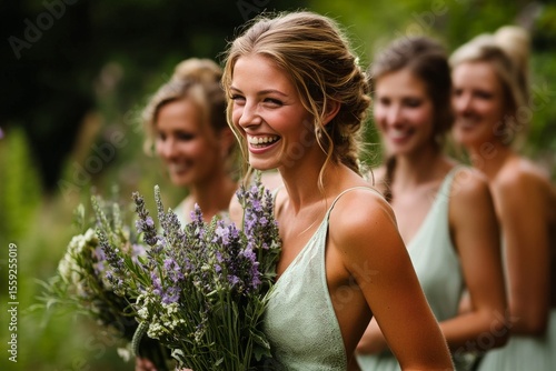 Bridesmaid Laughing While Holding Bouquets During Outdoor Wedding Ceremony in...
