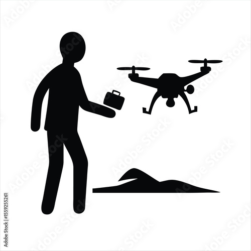 Silhouette of a person operating a drone in a remote wilderness on white background  
