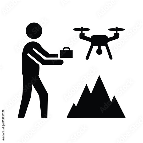Silhouette of a person operating a drone in a remote wilderness on white background  
