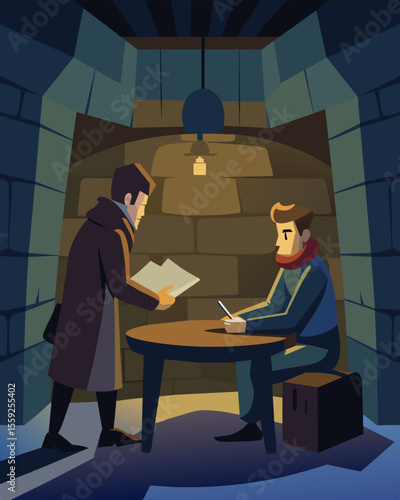 In a dimly lit room with stone walls and wooden beams the freelancer meets with a mysterious client negotiating a deal for a secret project that promises great rewards.. Vector illustration