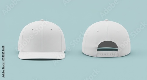 White Snapback Hat Mockup Showing Front and Back Views Side-by-Side, Baseball Cap Isolated on Soft Cyan Background with Realistic Texture and Studio Lighting