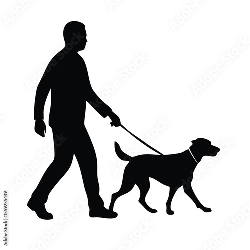 a black silhouette of a man and his dog in a field. The man is walking on the grass and is holding a leash attached to the dog's collar