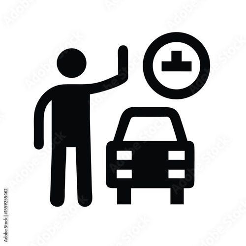an icon or symbol representing a person hailing a taxi or indicating a stop on white background