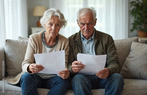 Worried senior couple reads financial documents at home. Man, woman got bad news high taxes, debt, unpaid bills, overdue payments. Concerned elderly people facing bank problems, frustrated. Home