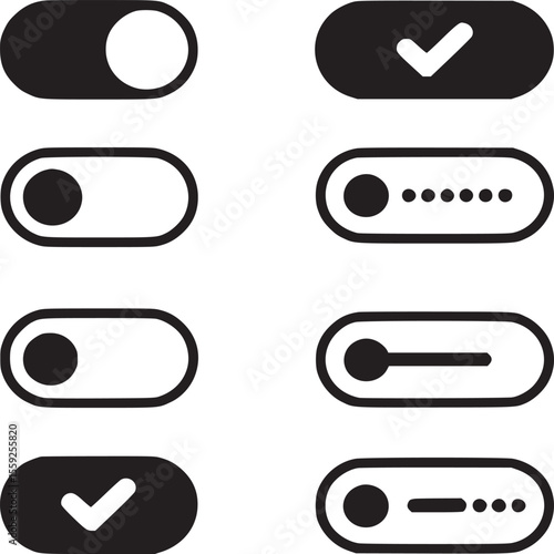 A minimalist illustration of toggle switches and checkmarks arranged in a grid pattern on white