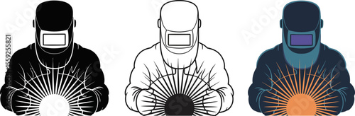 Welder vector illustration set with welding mask for metal work and construction industry concept design vector illustration