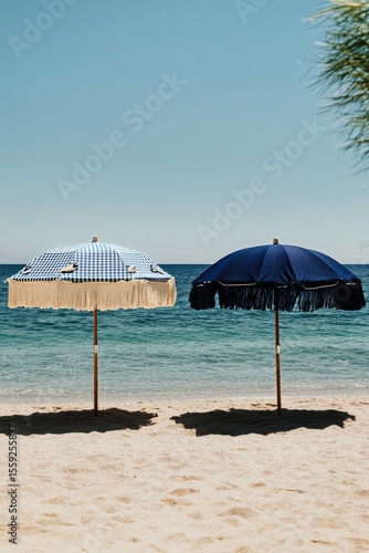 Decorative Beach Umbrellas Beside Calm Ocean on Sunny Day