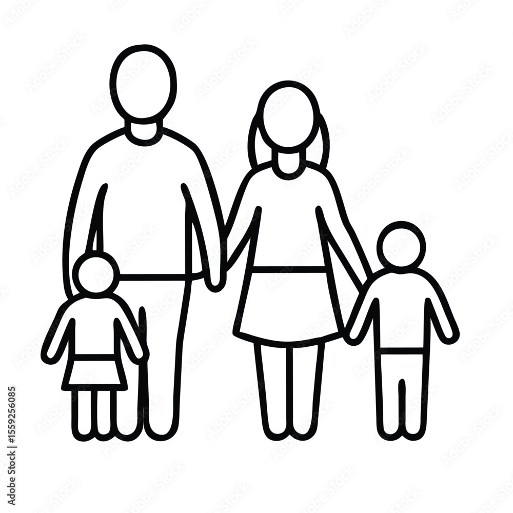 Vector, line art family with three children on white background Vector, line art family with three children on white background