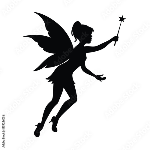 fairy silhouette, fairy holding a magic wand, dark fairy, black and white fairy, night fairy, ethereal fairy, fantasy fairy, minimalist fairy