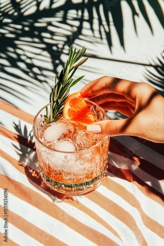 Refreshing Cocktail With Lime Garnish on Striped Tablecloth in Sunny Outdoor ...