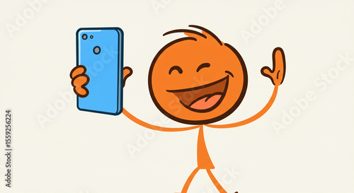 Orange stick figure taking selfie with blue smartphone cartoon character illustration design on transparent background