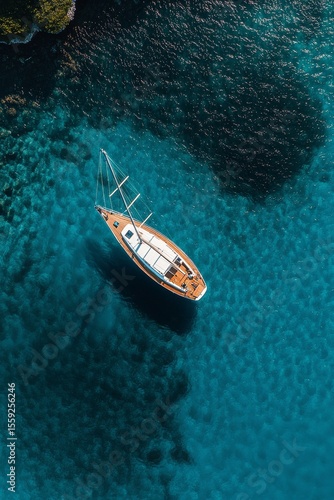 Sailing Alone on Crystal Clear Waters Near a Rocky Coastline in a Tropical Pa...