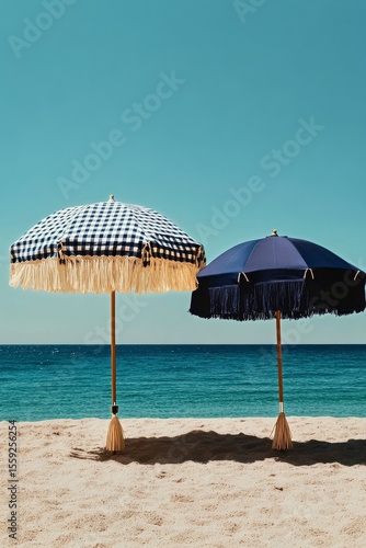 Decorative Beach Umbrellas Beside Calm Ocean on Sunny Day
