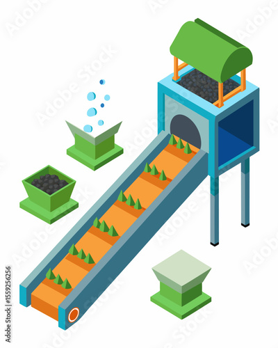 A conveyor belt slowly moves solid waste through a series of filters and screens separating out any remaining debris before being disposed of safely.. Vector illustration