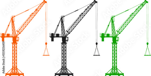 Three construction cranes lifting heavy objects in black and white vector illustration design for builders vector illustration