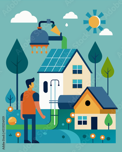 A homeowner makes use of rainwater harvesting systems and solar panels to decrease their reliance on municipal resources and reduce their environmental impact.. Vector illustration
