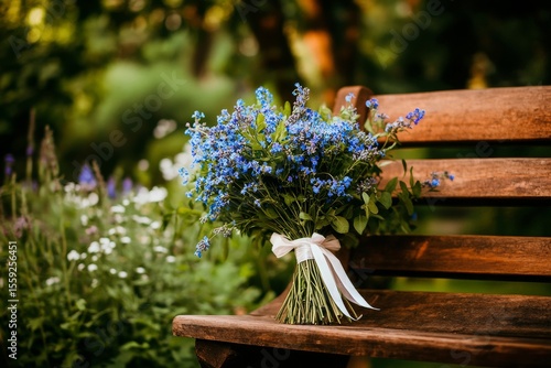 Beautiful Blue Wildflower Bouquet on a Rustic Bench in a Serene Park During G...