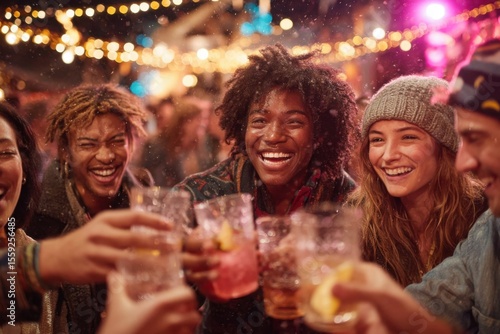 Group of friends smiling and toasting with colorful drinks at a vibrant outdoor gathering filled with lights and laughter